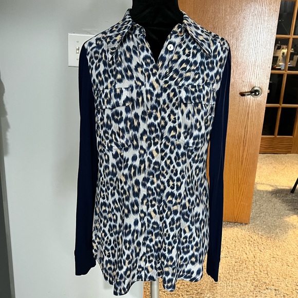 Tracy Reese Blue Leopard Print Long Sleeve Button Up Blouse w/Solid Knit Sleeves - Picture 1 of 6